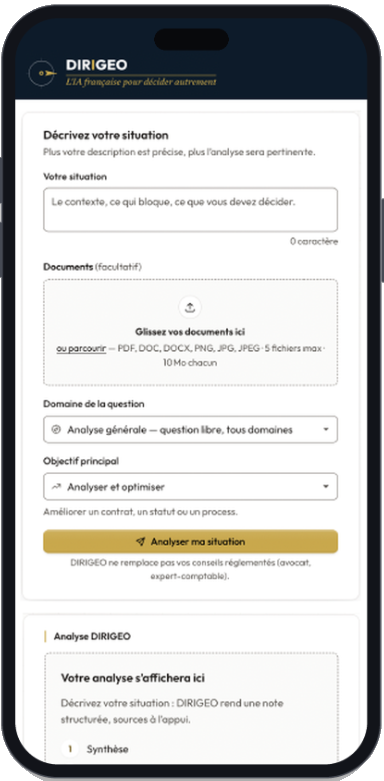 L'application DIRIGEO sur téléphone : vous décrivez votre situation, DIRIGEO l'analyse.